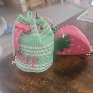 Juicy Couture Mint Green & Pink Bucket Drawstring Bag with Strawberry Charm